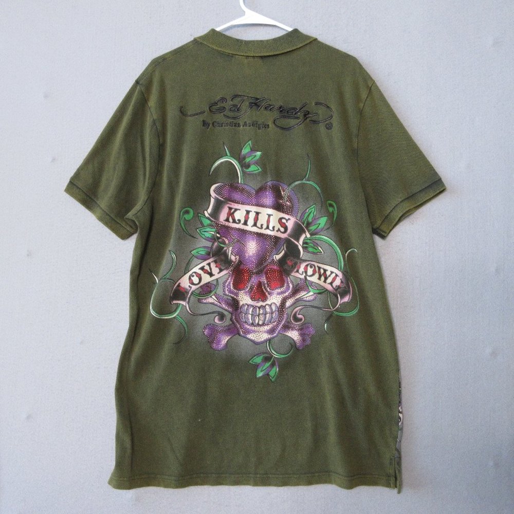Y2K Ed Hardy Christian Audgier‎ Scull Studded Green Polo Vintage